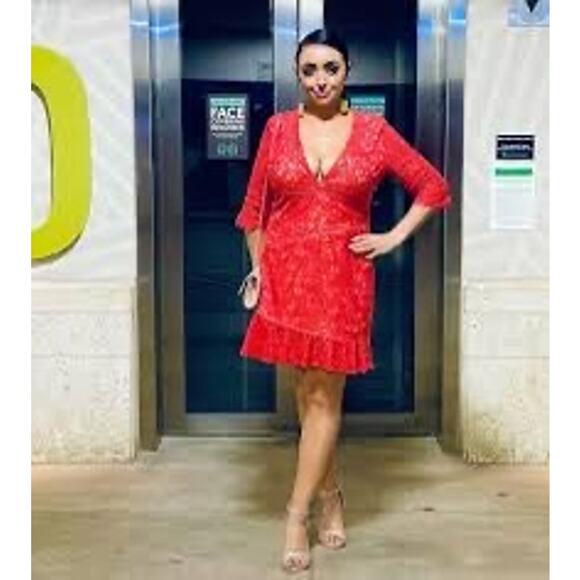 Stylestalker Ari Red Lace V Neck Half Sleeve Sheath‎ Mini Dress Size Medium - Picture 6 of 9